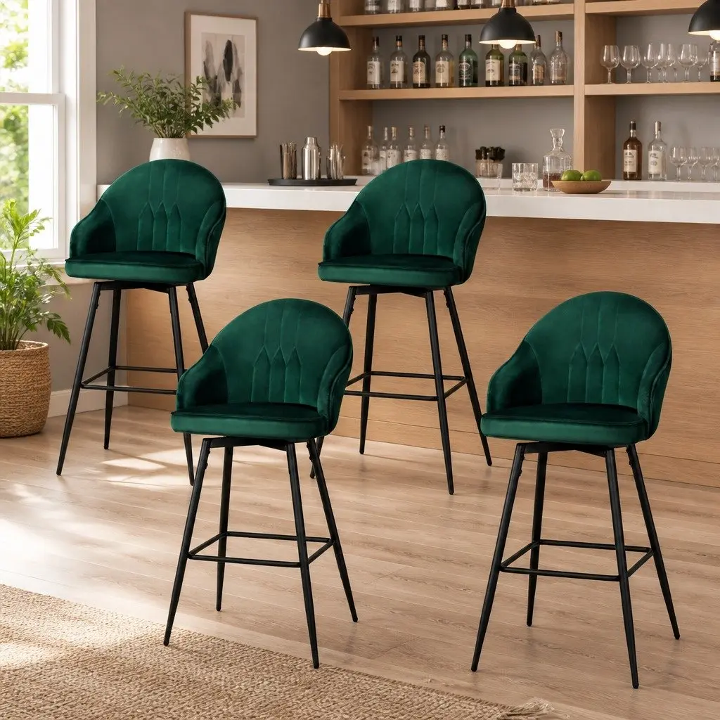 Set of 4 Swivel Bar Stools with Green Velvet Upholstery