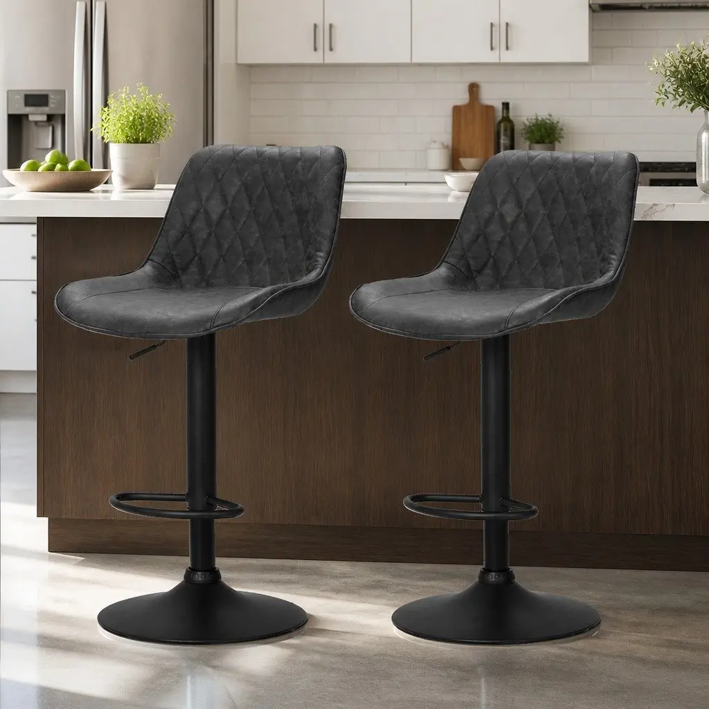 Bar Stools PU Leather Adjustable Height 2 Piece Black