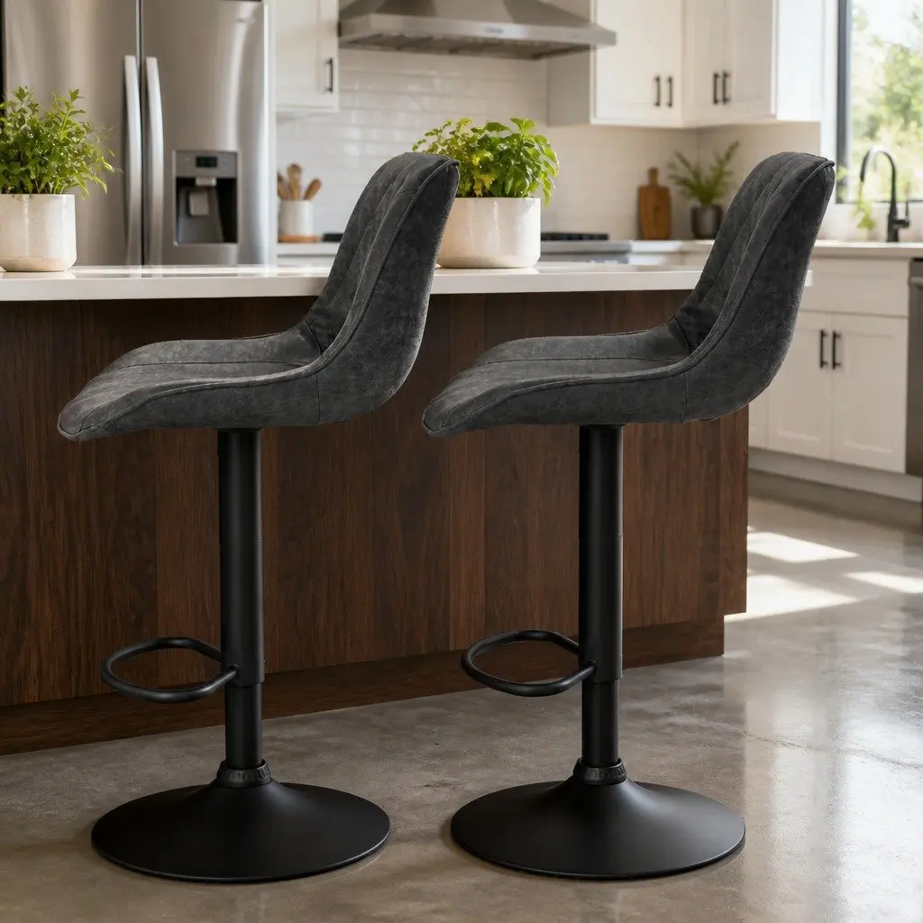Bar Stools PU Leather Adjustable Height 2 Piece Black
