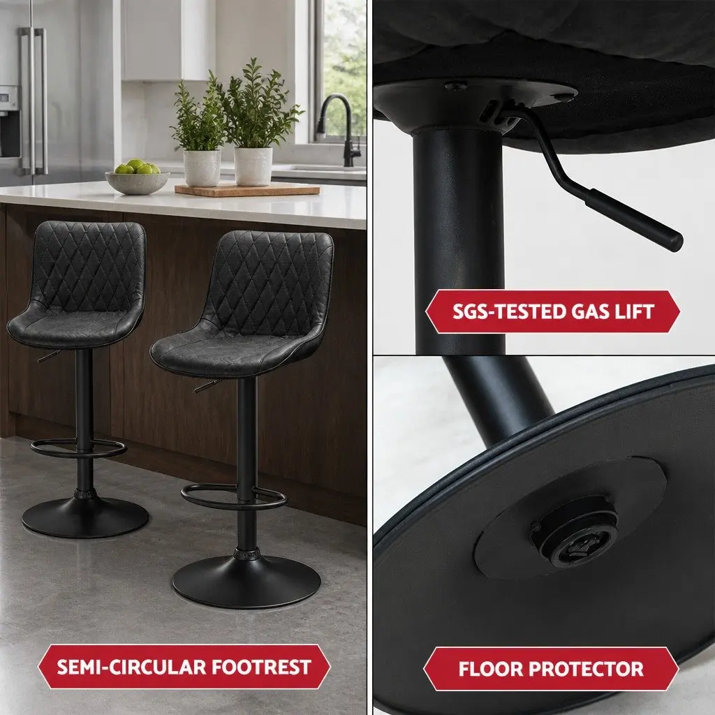 Bar Stools PU Leather Adjustable Height 2 Piece Black