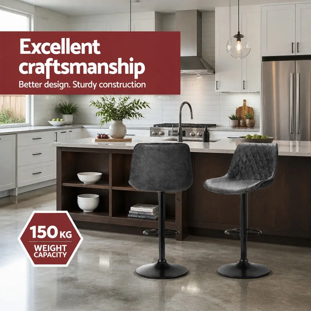 Bar Stools PU Leather Adjustable Height 2 Piece Black