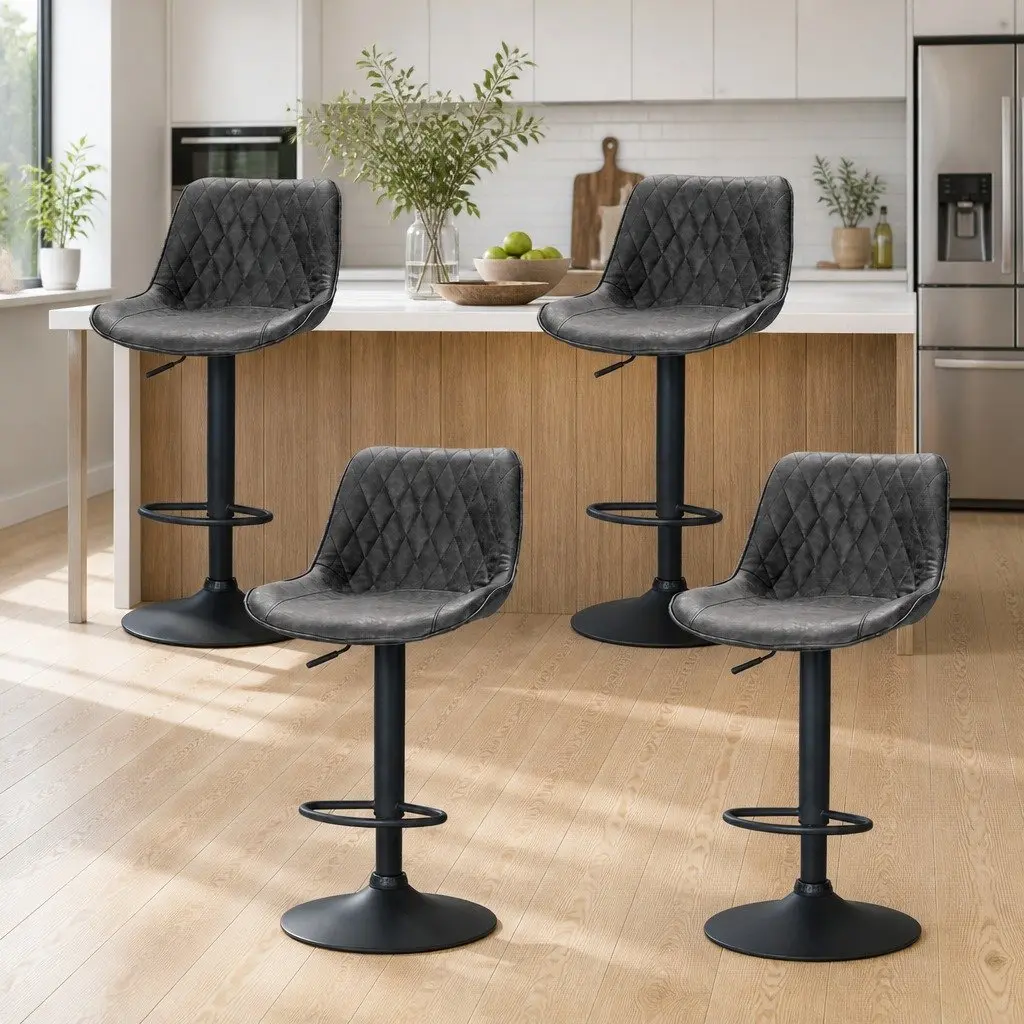 Bar Stools PU Leather Adjustable Height Black Set of 4