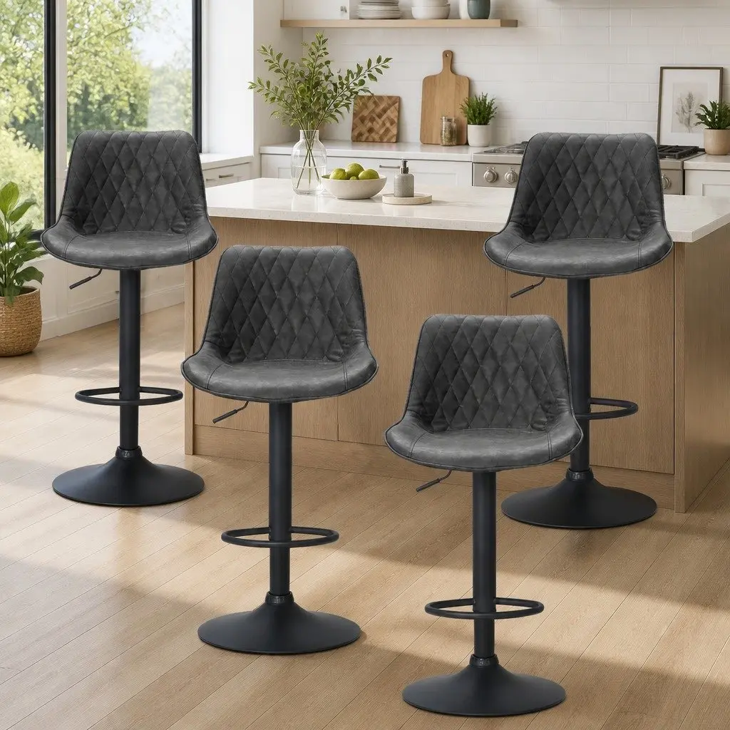Bar Stools PU Leather Adjustable Height Black Set of 4