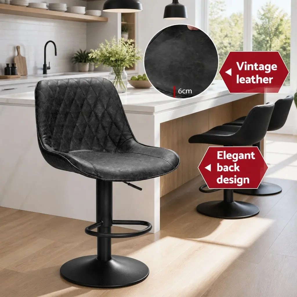 Bar Stools PU Leather Adjustable Height Black Set of 4