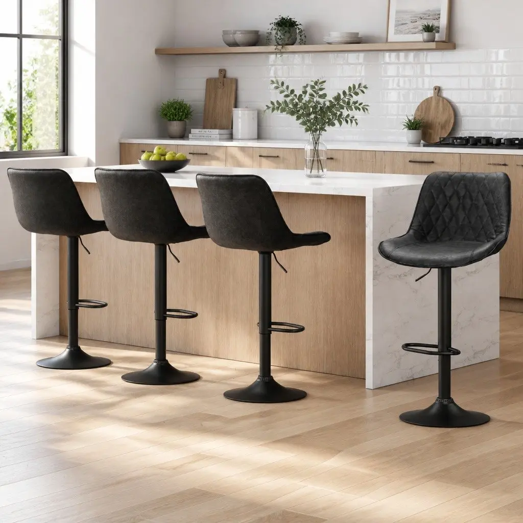 Bar Stools PU Leather Adjustable Height Black Set of 4