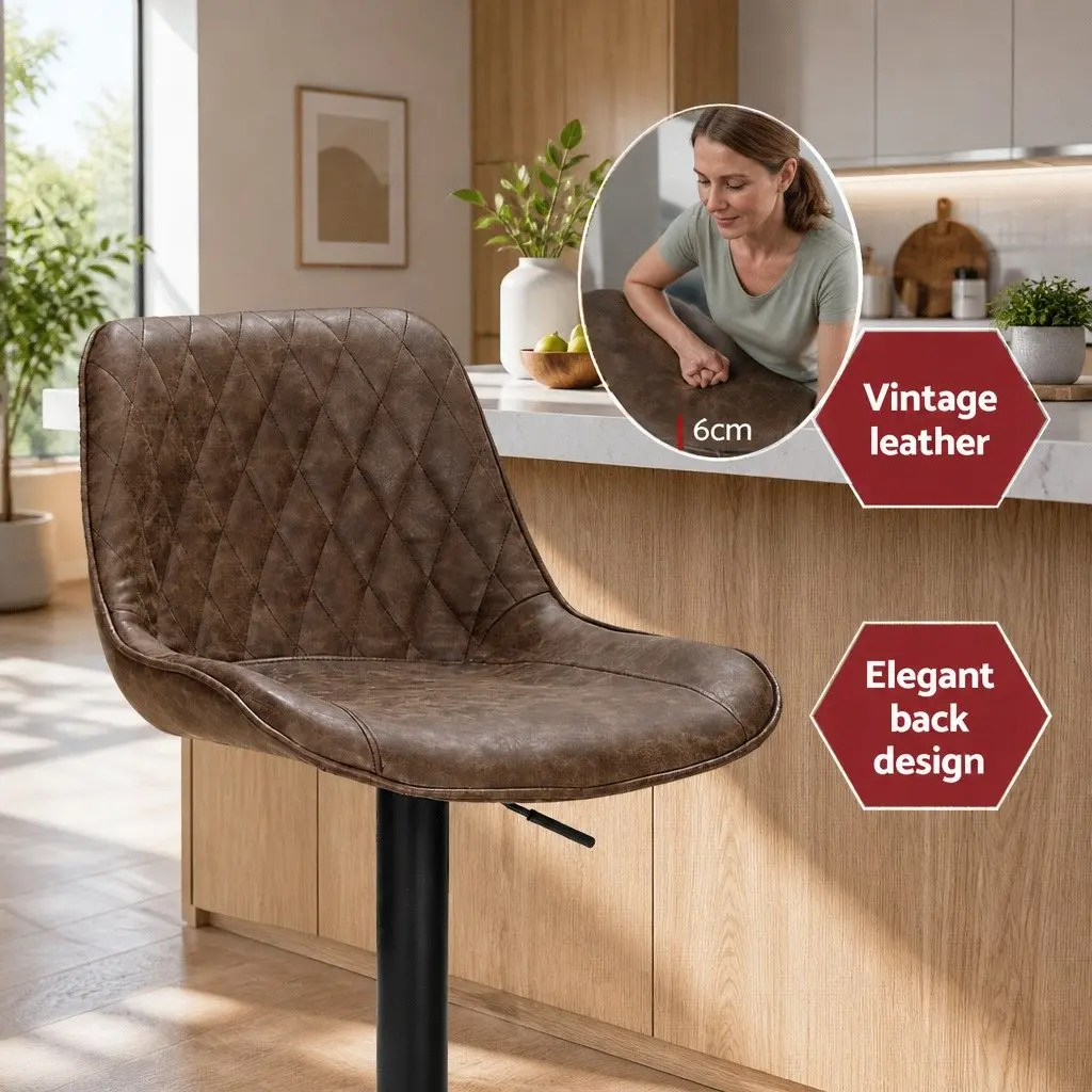 Set of 2 Vintage Brown Bar Stools with Adjustable Height