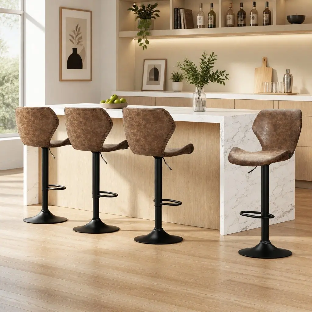 Set of 4 Vintage Brown Adjustable Bar Stools