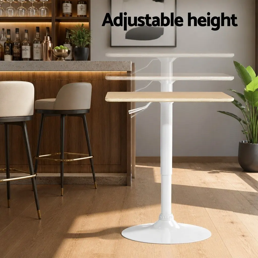 Bar Table MDF Steel 60CM Square Pine White Height Adjustable Swivel Base