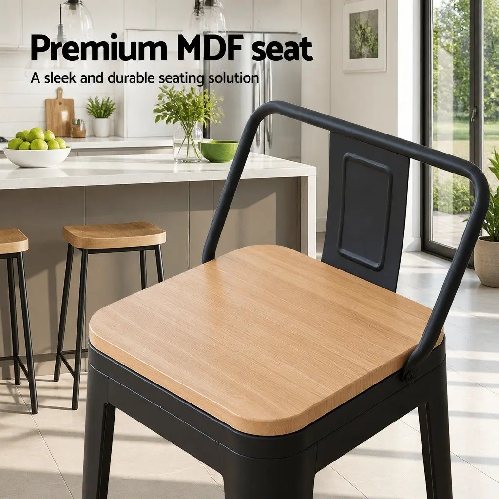 Bar Stools Metal Frame MDF Seat 77cm Black with Pine Accents