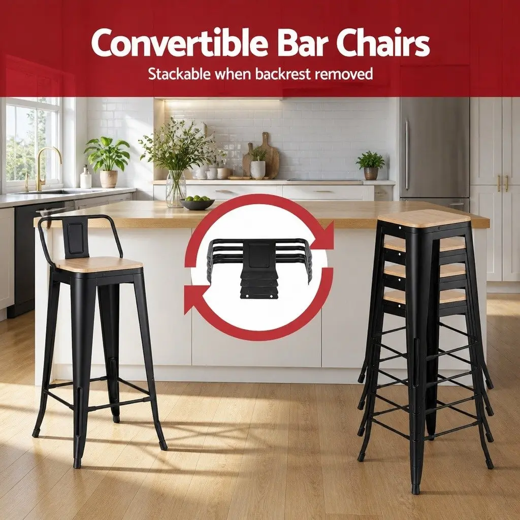 Bar Stools MDF Metal 42cm x 42cm x 94cm Black Pine Set of 4