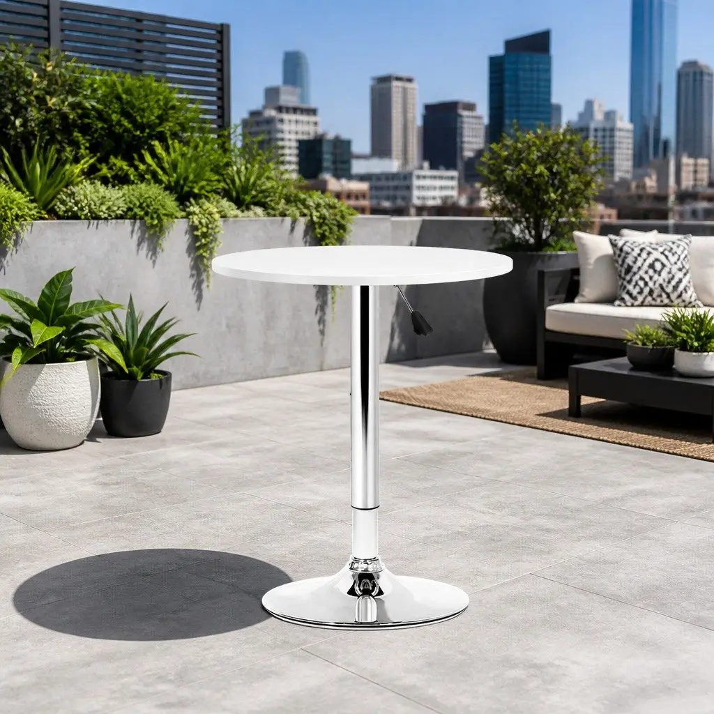 White Height Adjustable Round Bar Table with Gas Lift