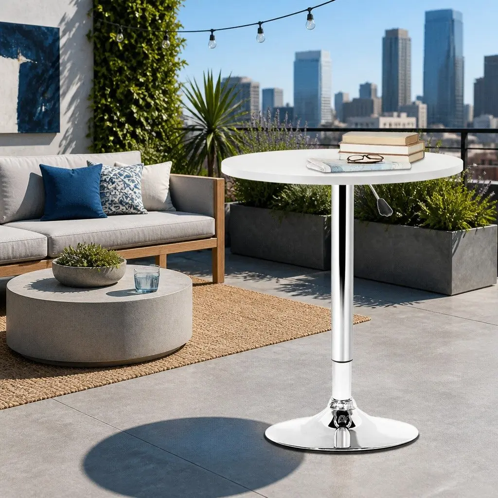 White Height Adjustable Round Bar Table with Gas Lift