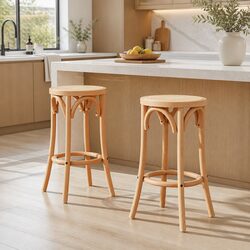 Set of 2 Rattan Seat Bar Stools with Wooden Frame