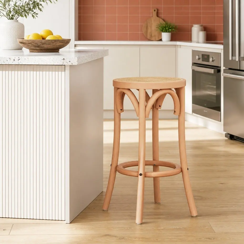 Bar Stool Rattan Seat Wooden Frame 65cm Pine
