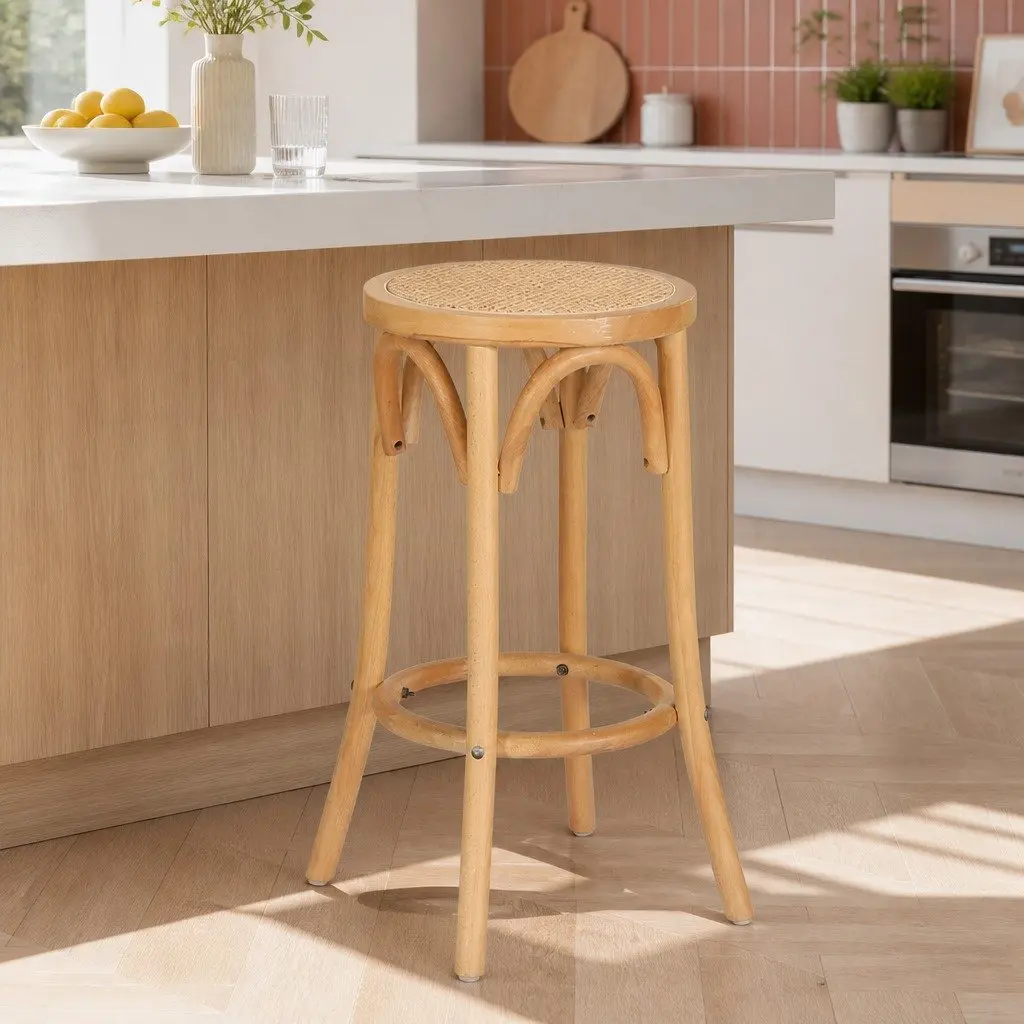 Bar Stool Rattan Seat Wooden Frame 65cm Pine