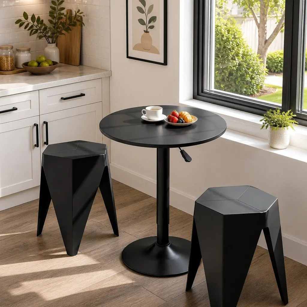Bar Stools and Table Set MDF Steel 3 Piece Kitchen Dining Black