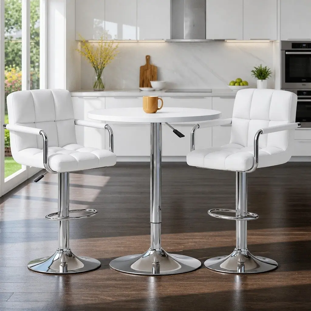 Height Adjustable White Bar Table and Stools Set