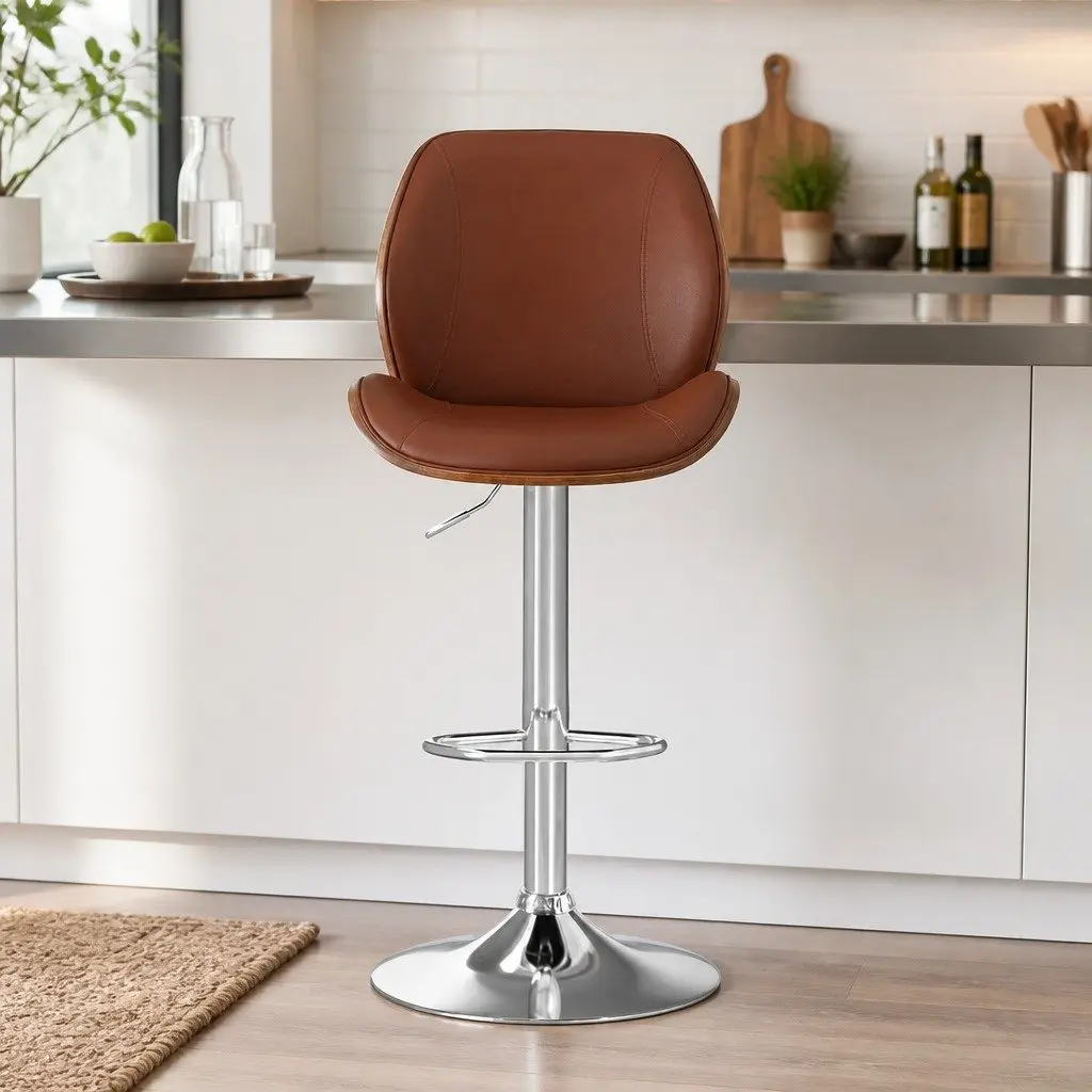 Bar Stools PU Leather Brown Adjustable Height Bentwood Backrest Metal Frame Set of 2
