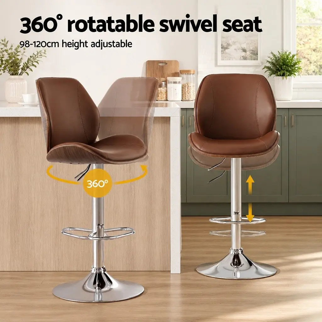 Bar Stools PU Leather Brown Adjustable Height Bentwood Backrest Metal Frame Set of 2