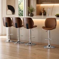 Adjustable Height Bar Stools Set of 4 with Bentwood Design