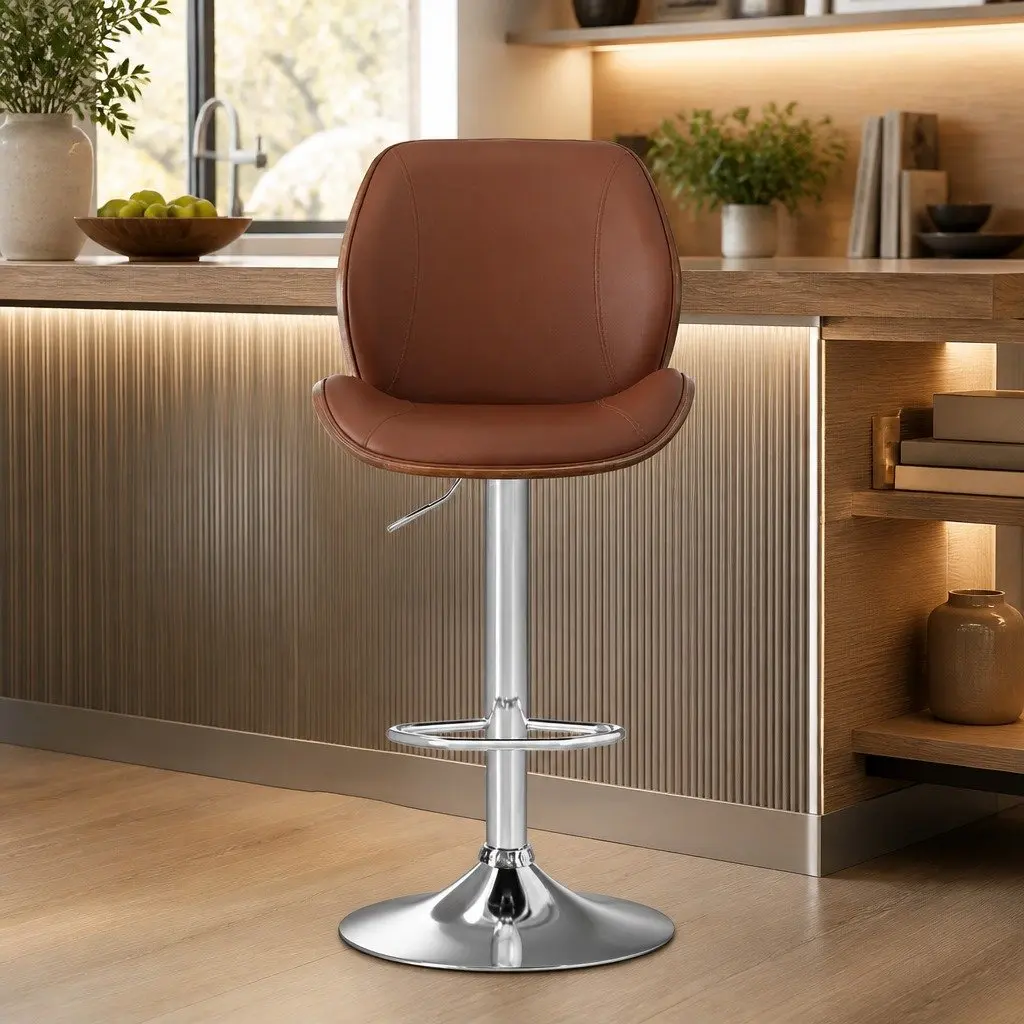 Bar Stools PU Leather Brown Adjustable Height Bentwood Backrest Set of 4