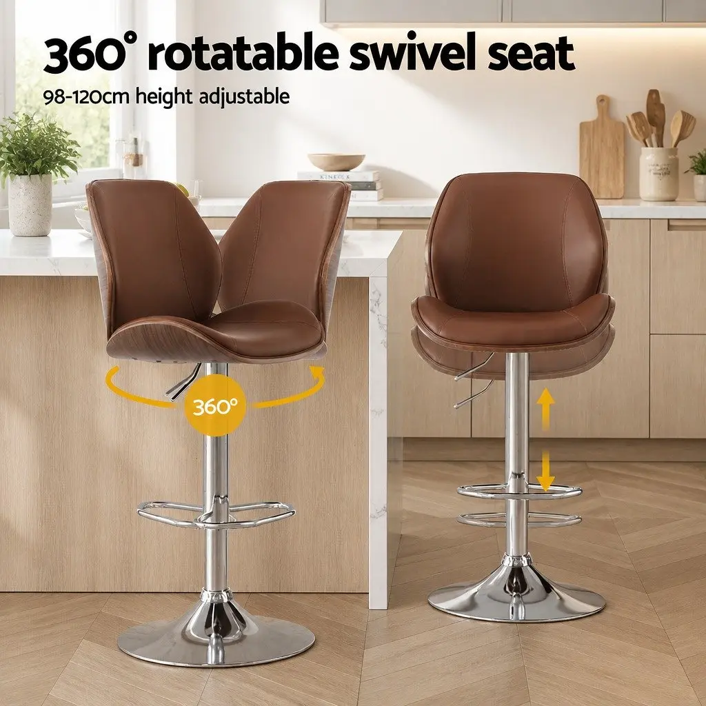 Bar Stools PU Leather Brown Adjustable Height Bentwood Backrest Set of 4