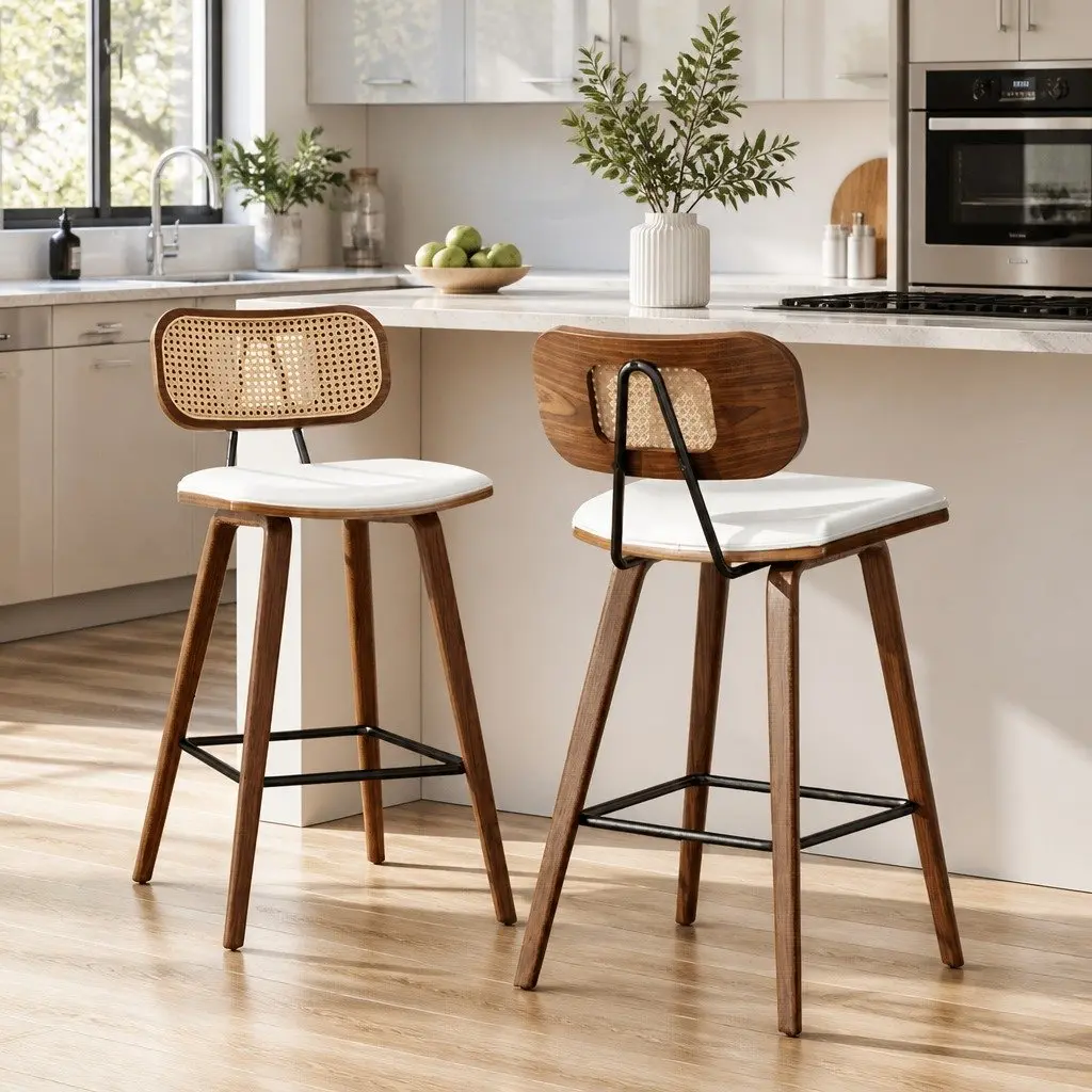 Bar Stools Set of 2 with Rattan Backrest