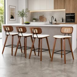 Set of 4 Premium Bar Stools with PU Leather & Rattan Backrest