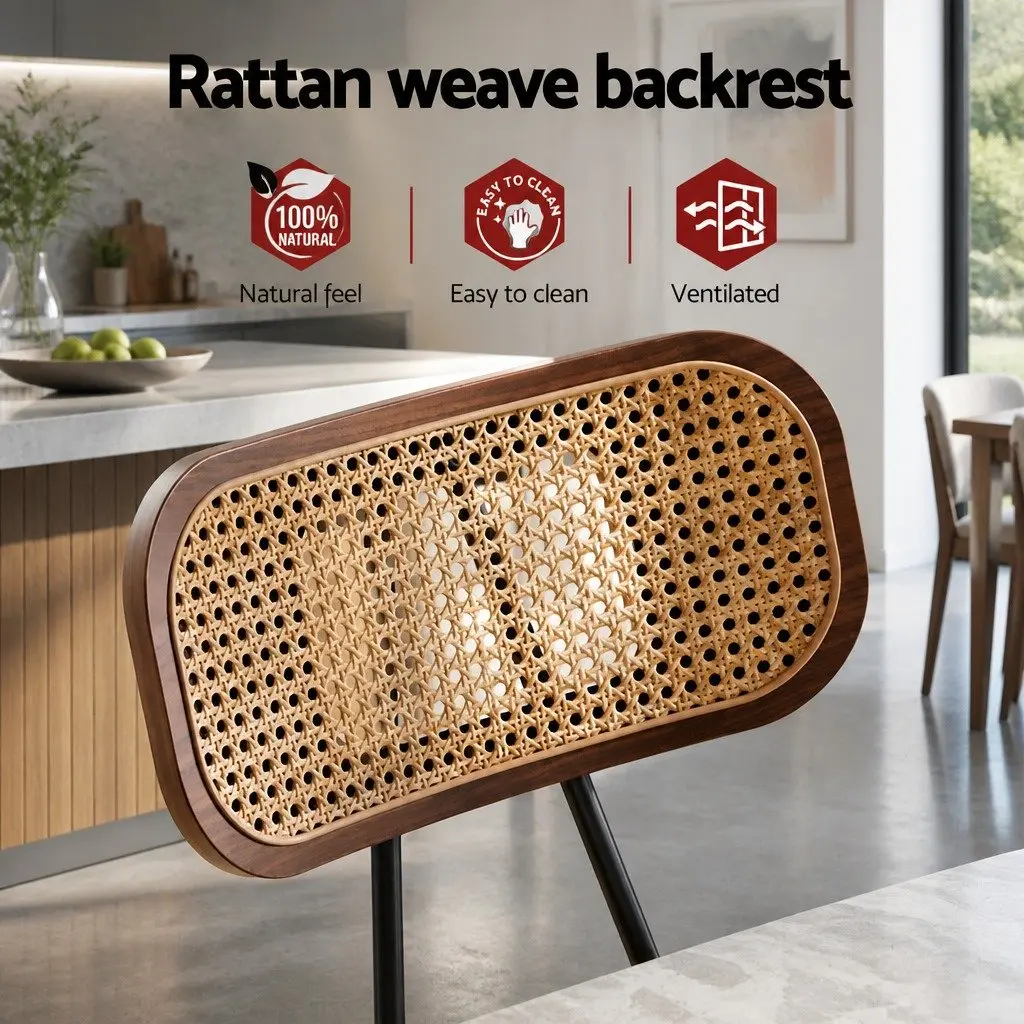 Bar Stools PU Leather Beige Seat Rattan Backrest Walnut Frame Set of 4