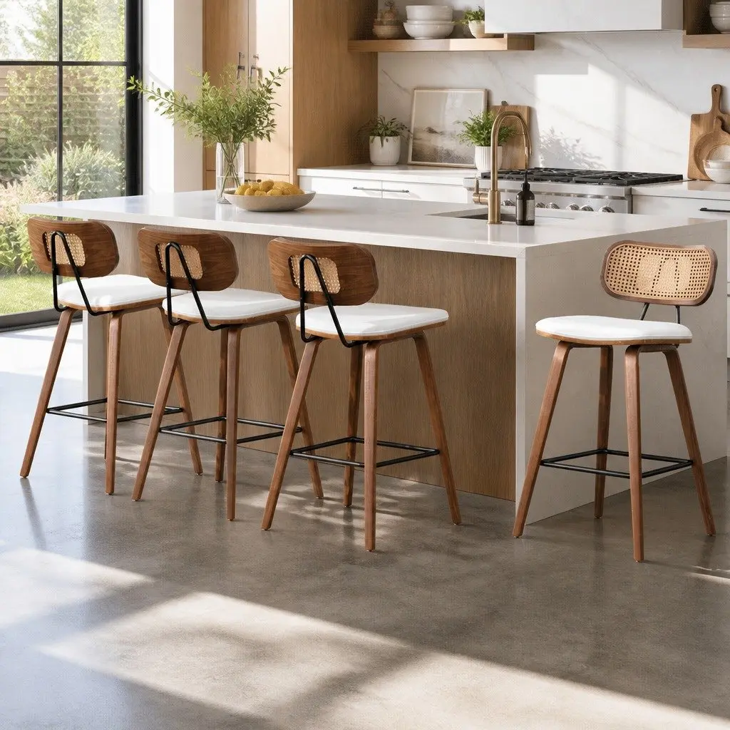 Bar Stools PU Leather Beige Seat Rattan Backrest Walnut Frame Set of 4