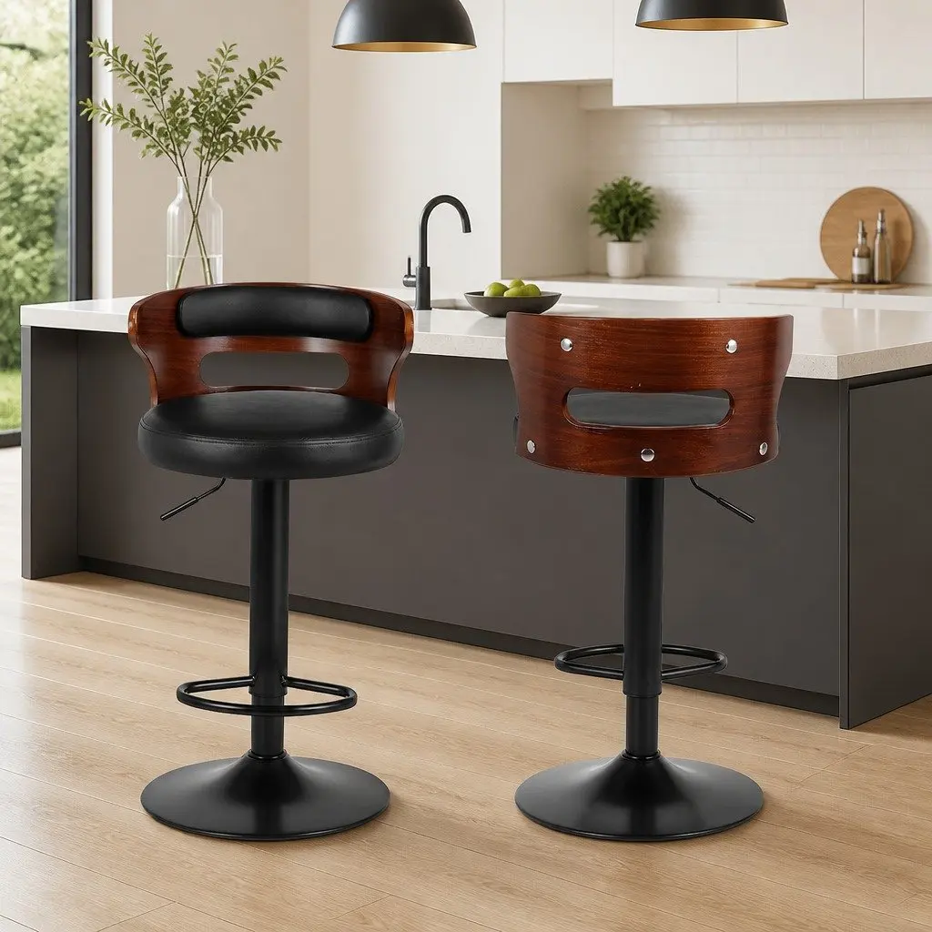 Bar Stools PU Leather Mid-Back Adjustable Height Black 2 Piece