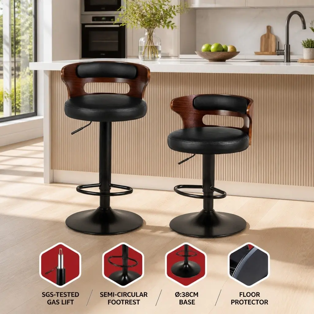 Bar Stools PU Leather Mid-Back Adjustable Height Black 2 Piece