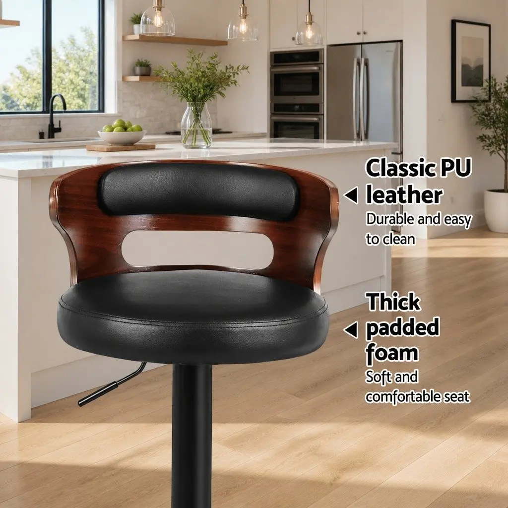 Bar Stools PU Leather Mid-Back Adjustable Height Black 2 Piece