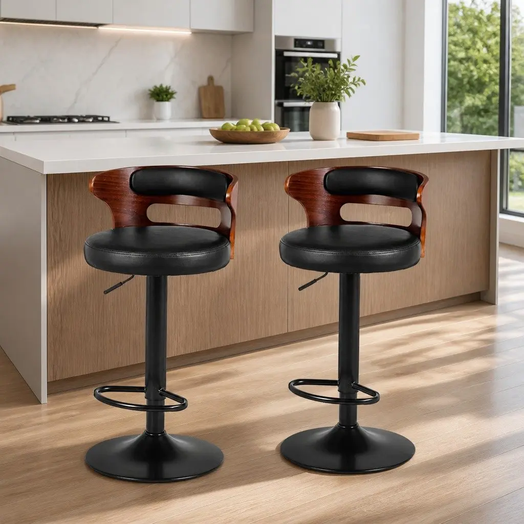 Bar Stools PU Leather Mid-Back Adjustable Height Black 2 Piece