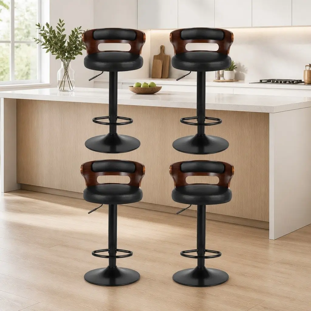 Bar Stools Gas Lift Black Padded Seat Swivel Kitchen Dining Chair 4 Piece