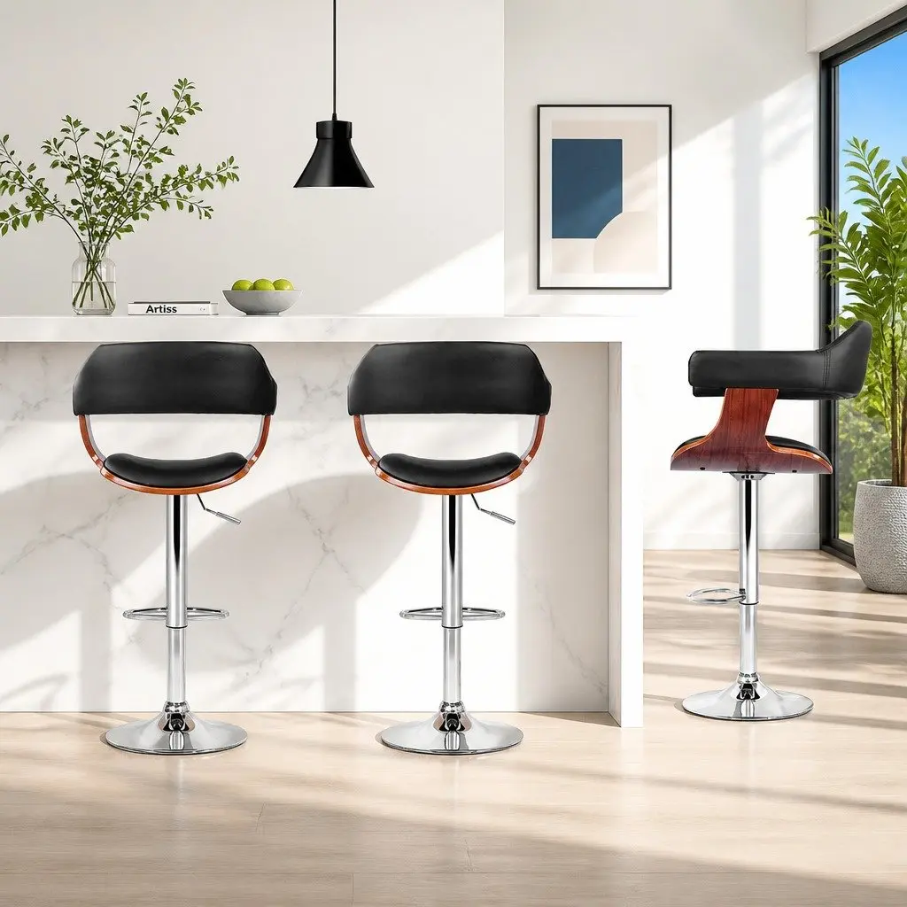 Bar Stools PU Leather Padded Seat Gas Lift Adjustable Height Black Swivel