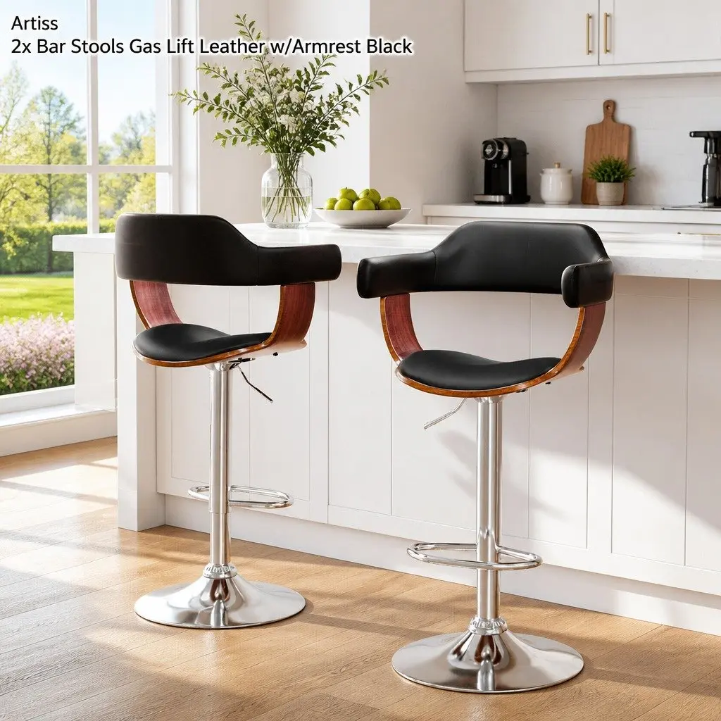 Bar Stools PU Leather Padded Seat Gas Lift Adjustable Height Black Swivel