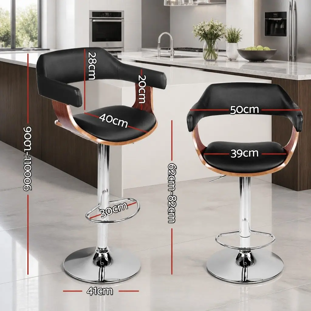 Bar Stools PU Leather Adjustable Black Padded Seat Chrome Base Set of 4