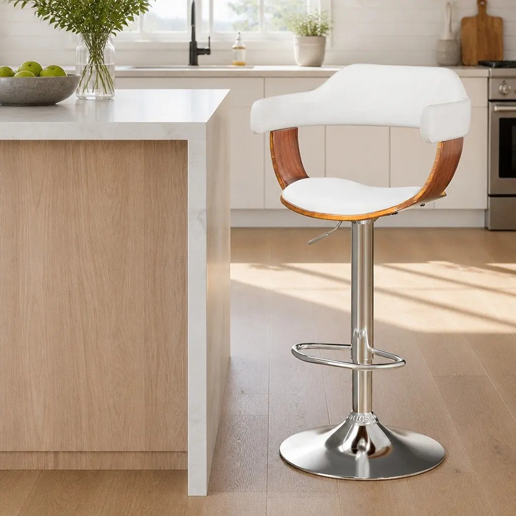 Bar Stools PU Leather White Padded Seat Steel Chrome Base 90-110cm