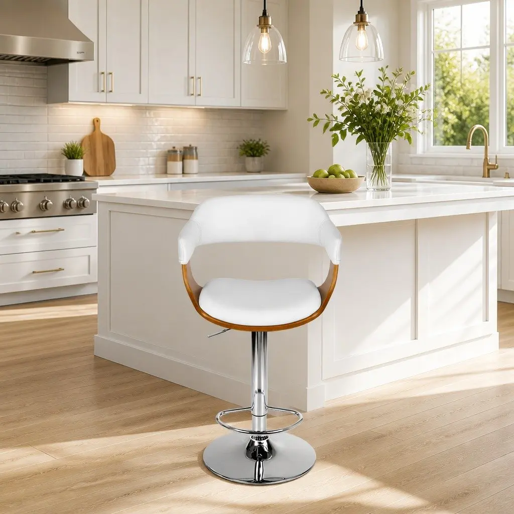 Bar Stools PU Leather White Padded Seat Steel Chrome Base 90-110cm