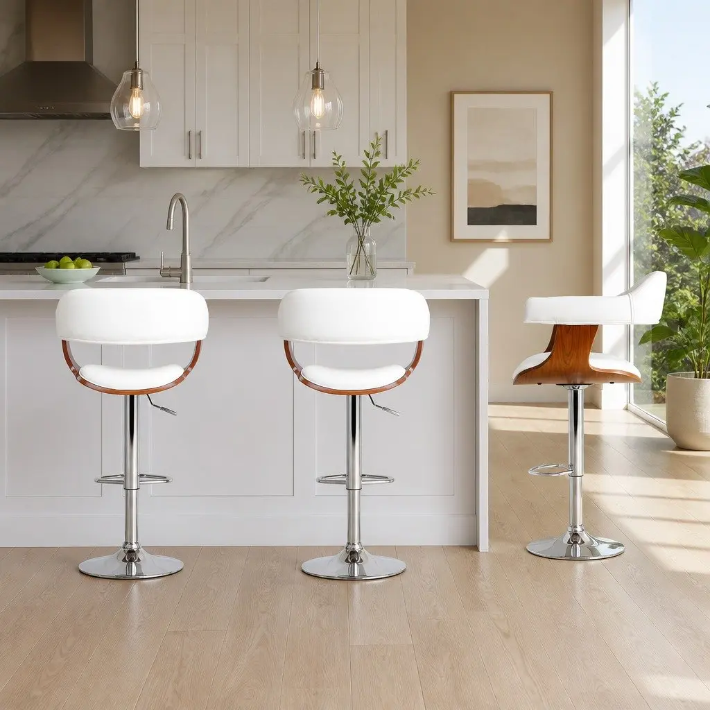 Bar Stools PU Leather White Padded Seat Steel Chrome Base 90-110cm