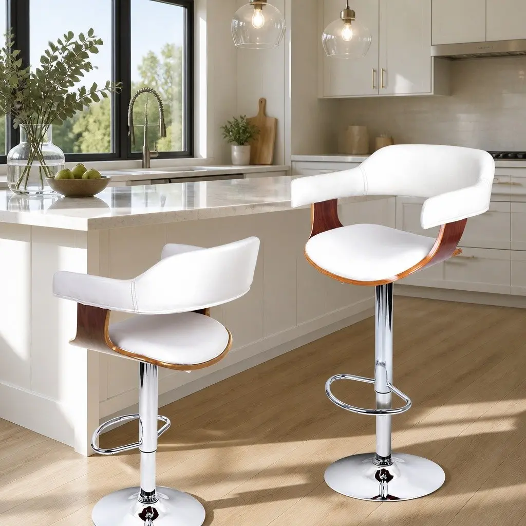 Bar Stools PU Leather White Padded Seat Steel Chrome Base 90-110cm
