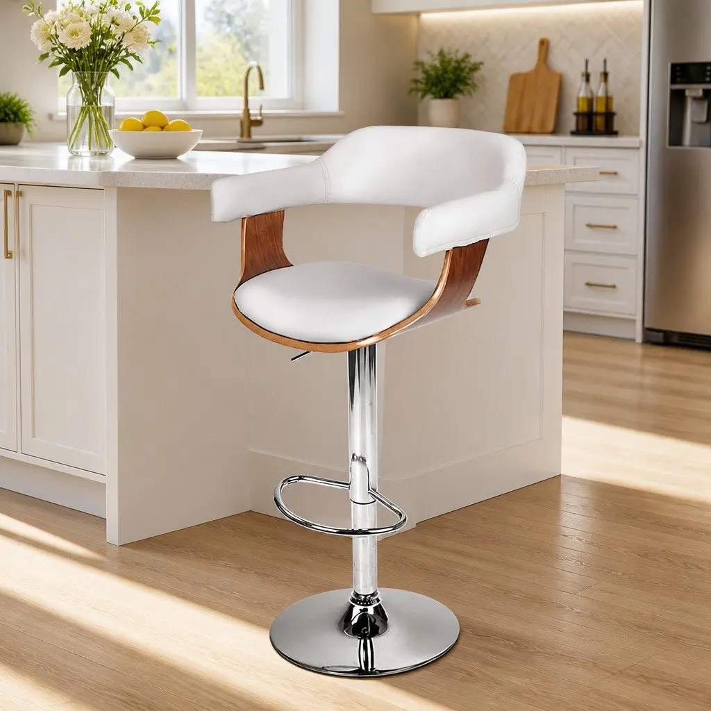 Bar Stools PU Leather White Padded Seat Steel Chrome Base 90-110cm