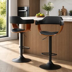 Stylish Black Bar Stools with Armrest and Gas Lift - Set of 2