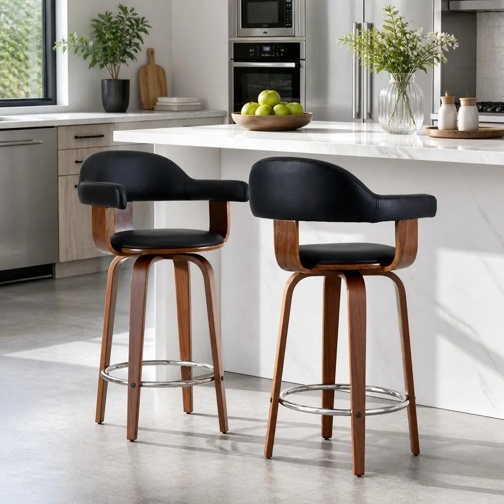 Bar Stools PU Leather Padded Seat Wooden Legs Mid-Height Backrest Black Set of 2