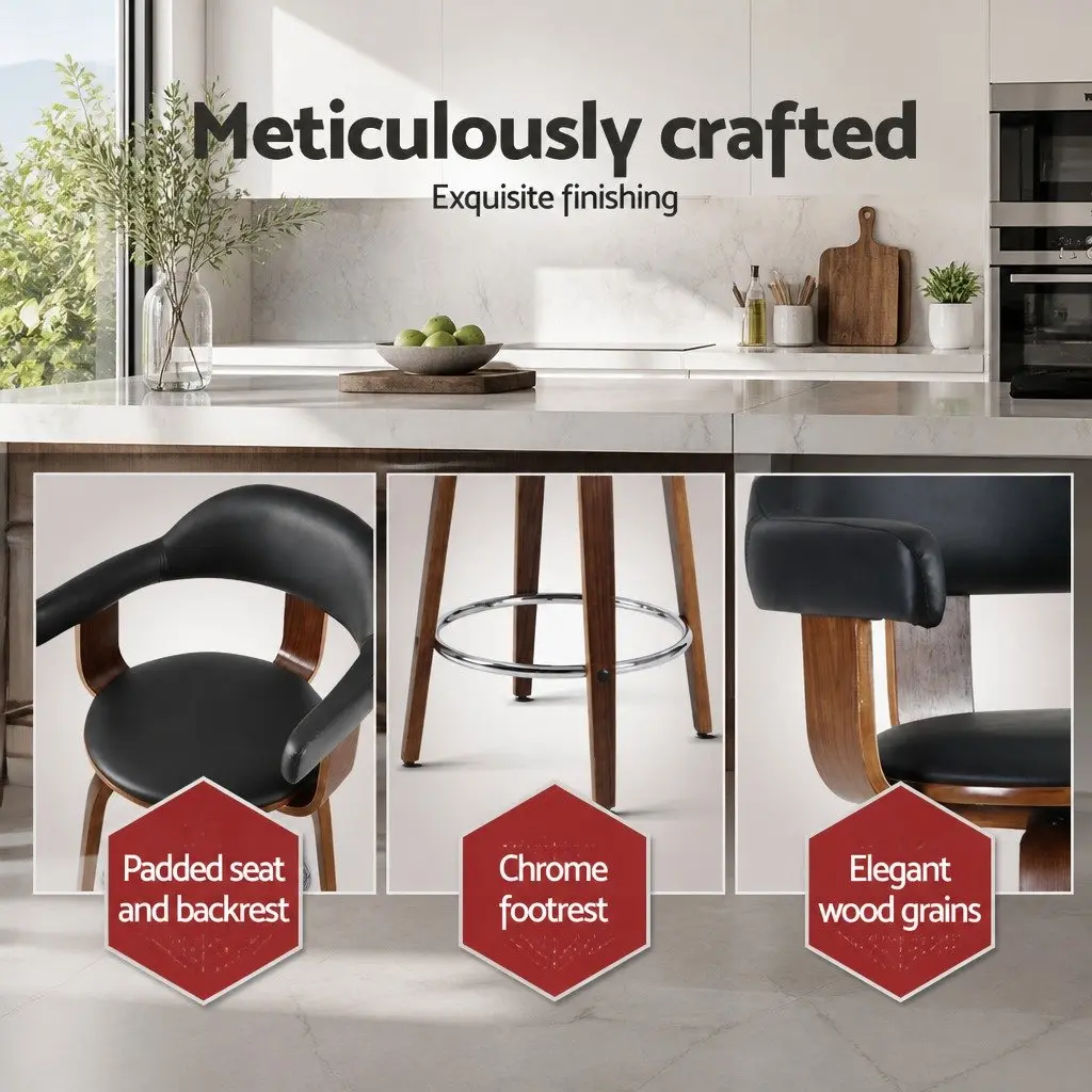 Bar Stools PU Leather Padded Seat Wooden Legs Mid-Height Backrest Black Set of 2