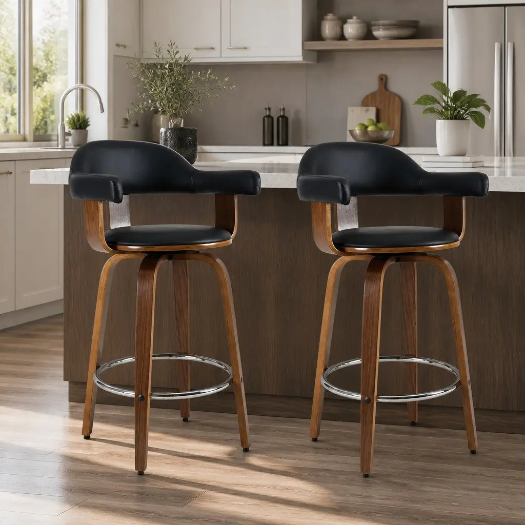 Bar Stools PU Leather Padded Seat Wooden Legs Mid-Height Backrest Black Set of 2