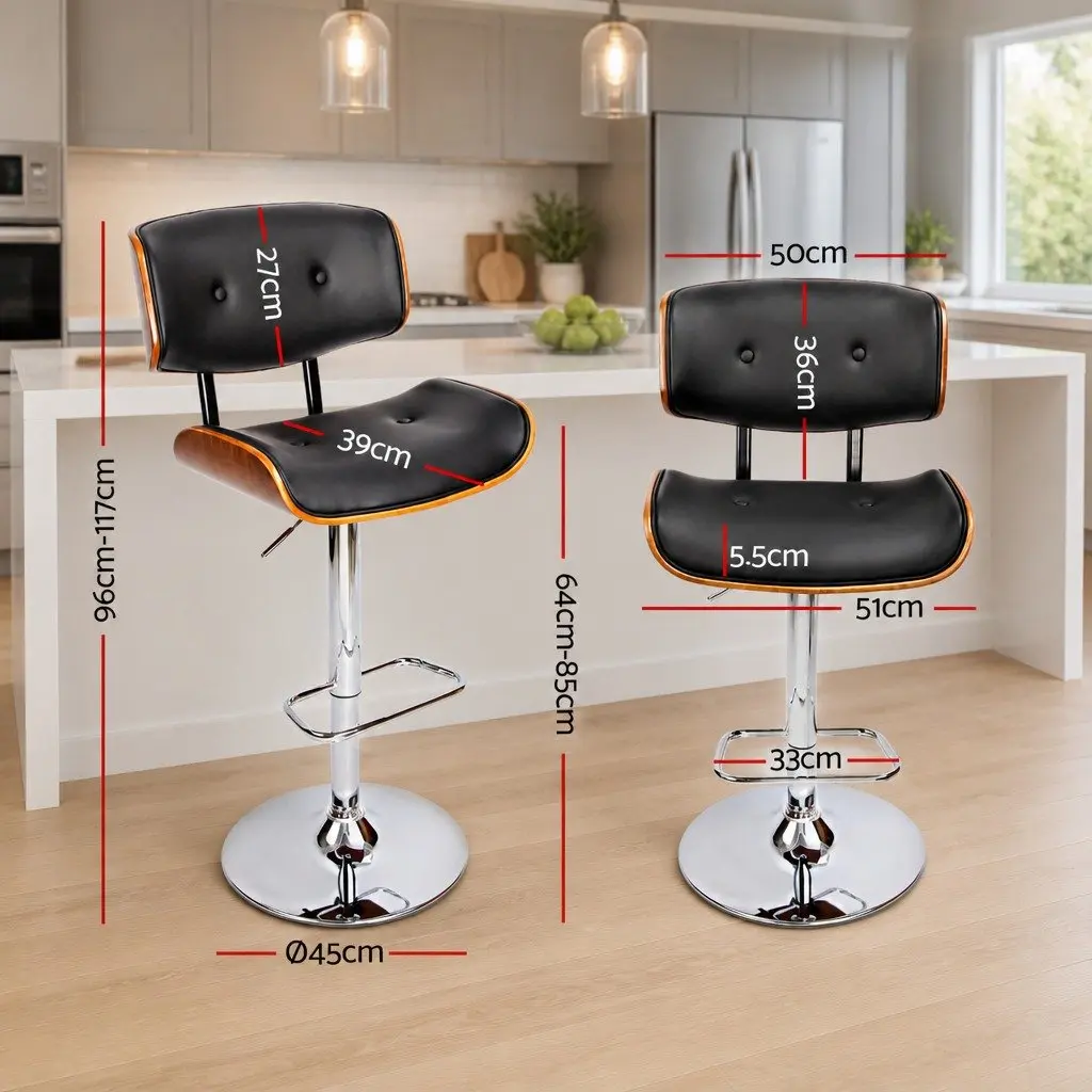 Bar Stools Wooden PU Leather Padded Seat Chrome Base Height Adjustable Black