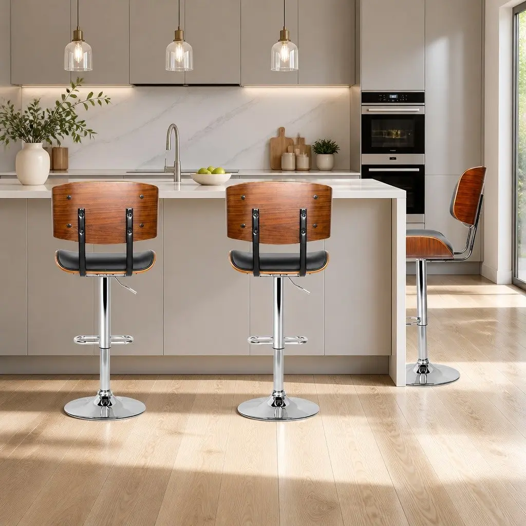 Bar Stools Wooden PU Leather Padded Seat Chrome Base Height Adjustable Black