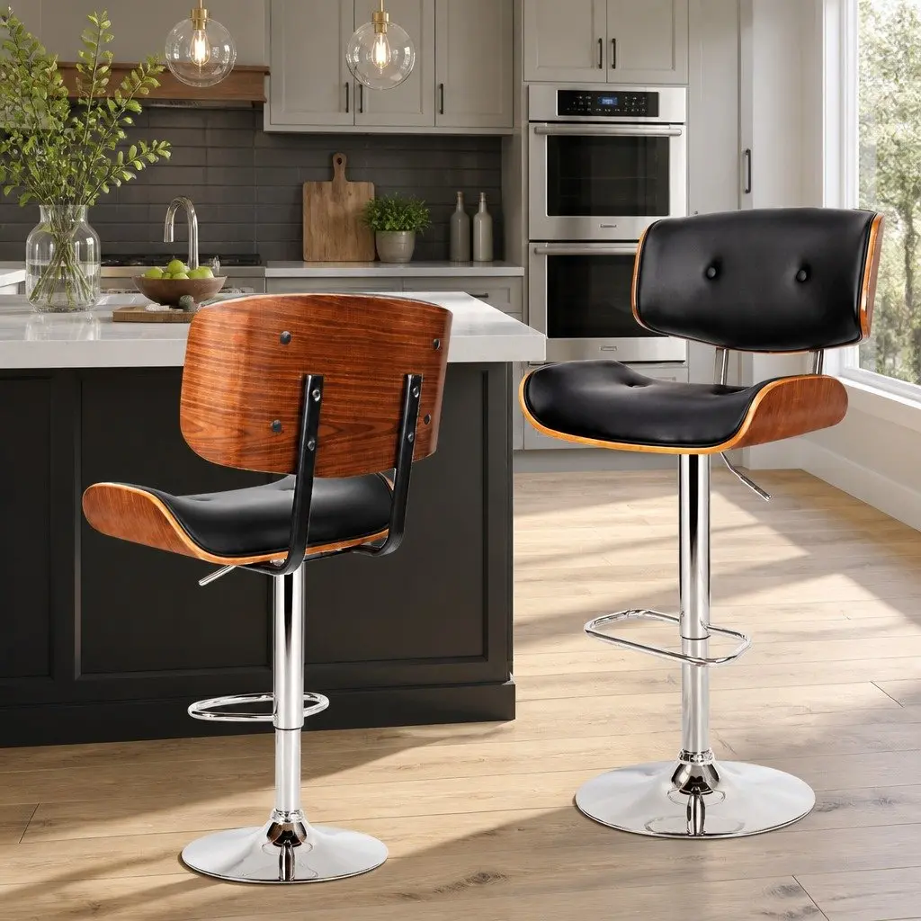 Bar Stools Wooden PU Leather Padded Seat Chrome Base Height Adjustable Black